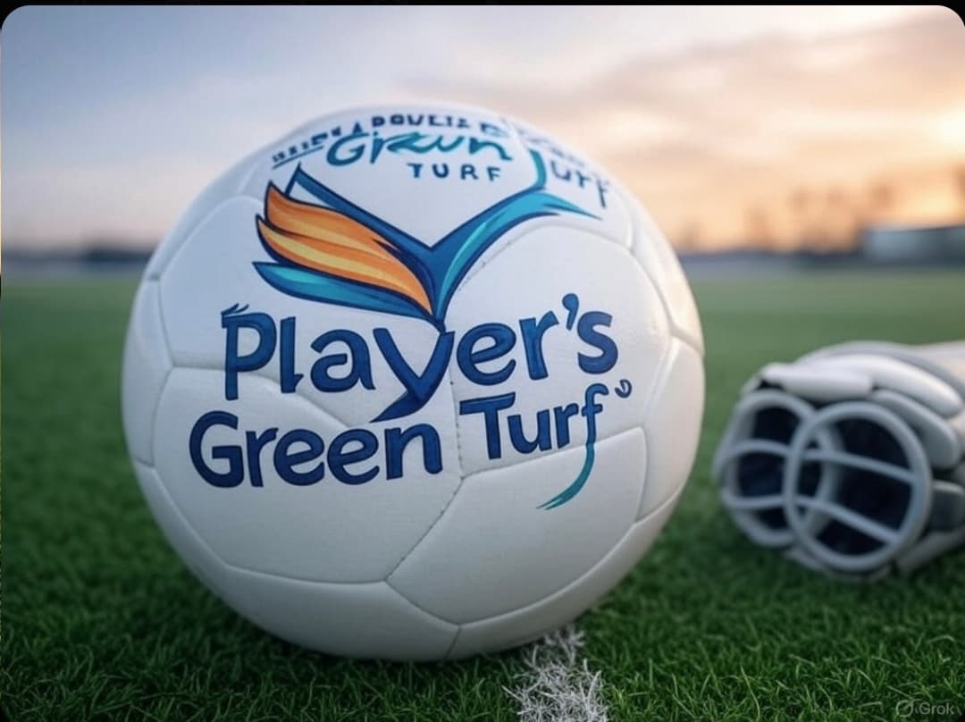 A soccer ball resting on the green artificial turf